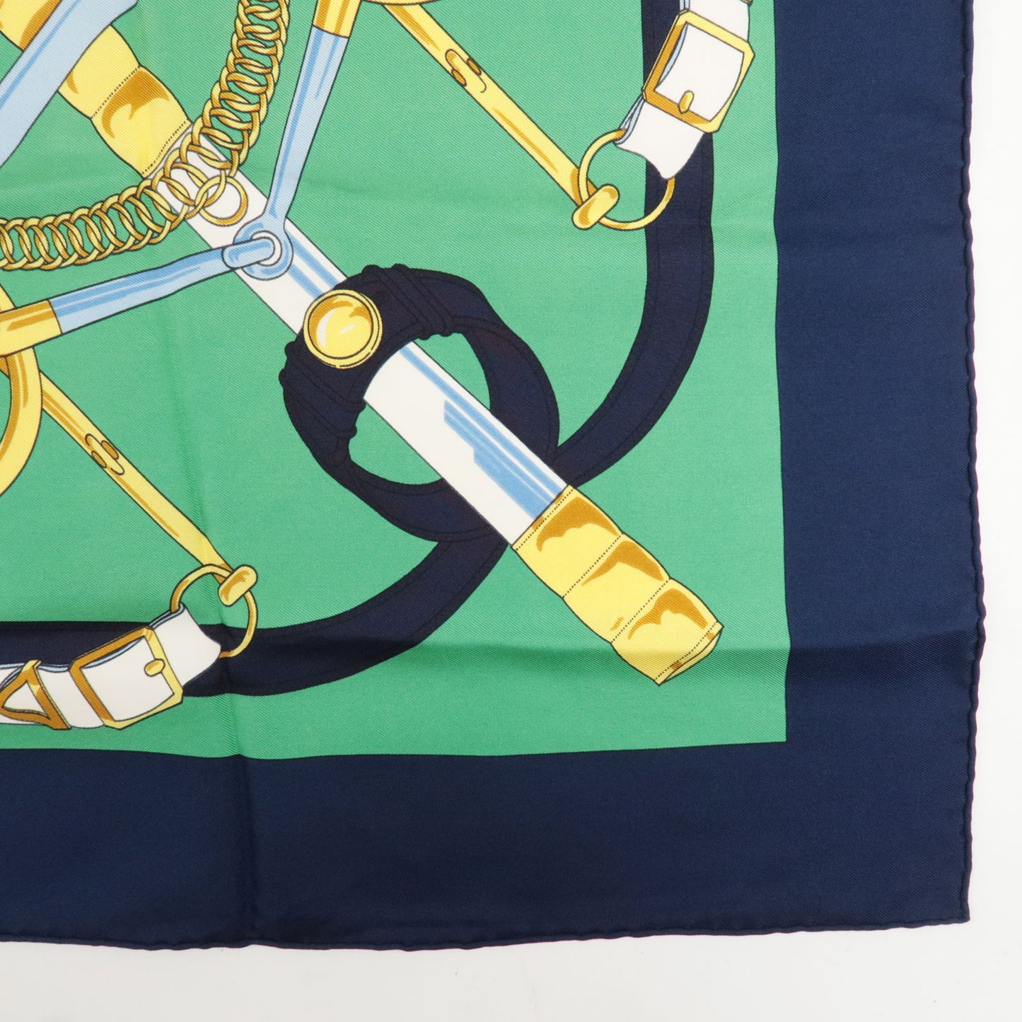 HERMES Carre 90 Silk 100% Scarf EPERON D'OR Spur Print Green