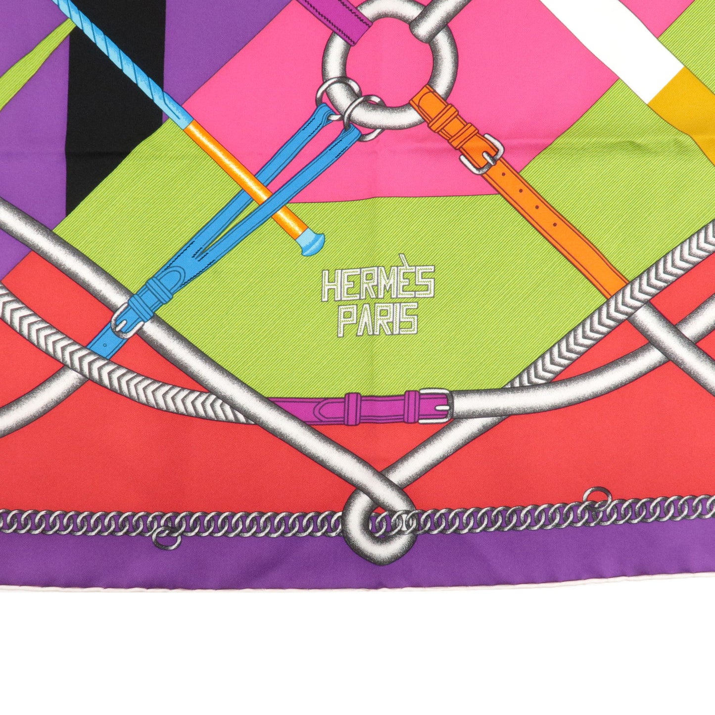 HERMES Carre 90 PAR COURS FAUTE Silk 100% Scarf Belt Print