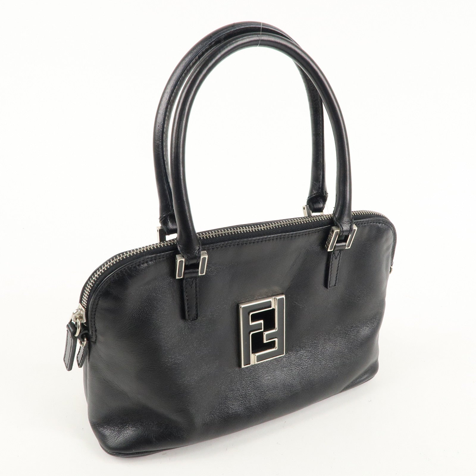 FENDI FF Logo Leather Hand Bag Silver HDW Black 15563