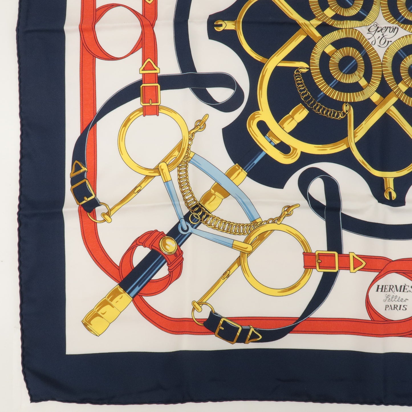 HERMES Carre 90 100% Silk Scarf Eperon d'or Tellier Navy White