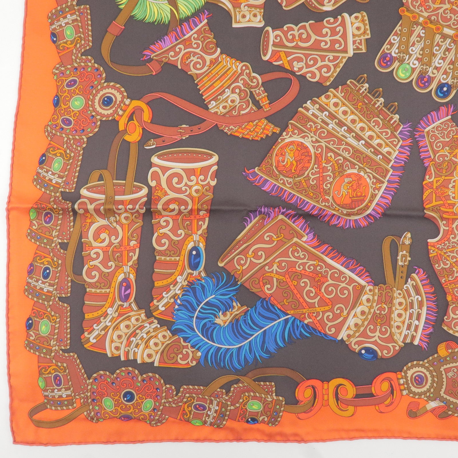 HERMES Carre 90 100% Silk  Scarf War God Mars Black Orange