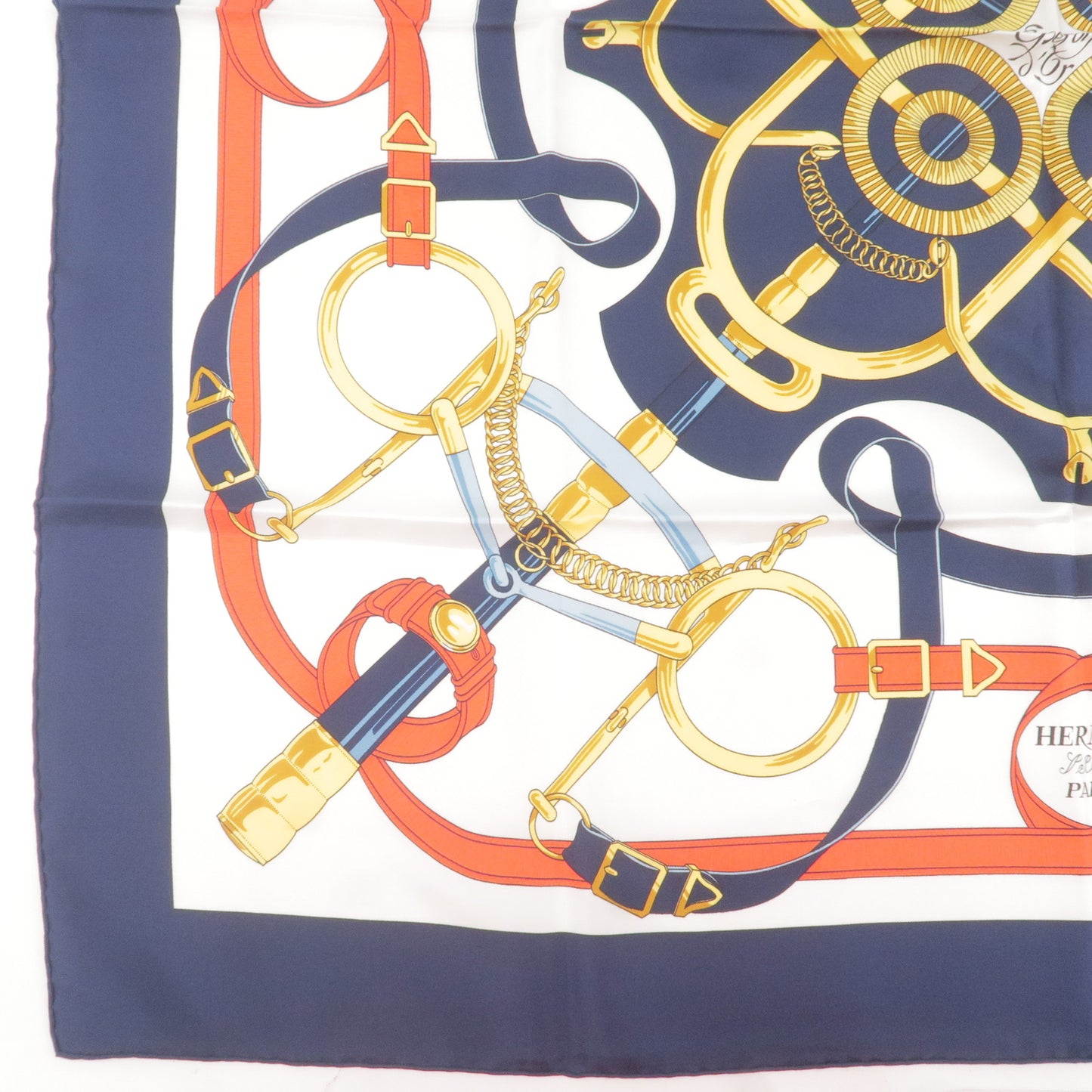HERMES Carre 90 Silk 100% Scarf Eperon d or Navy