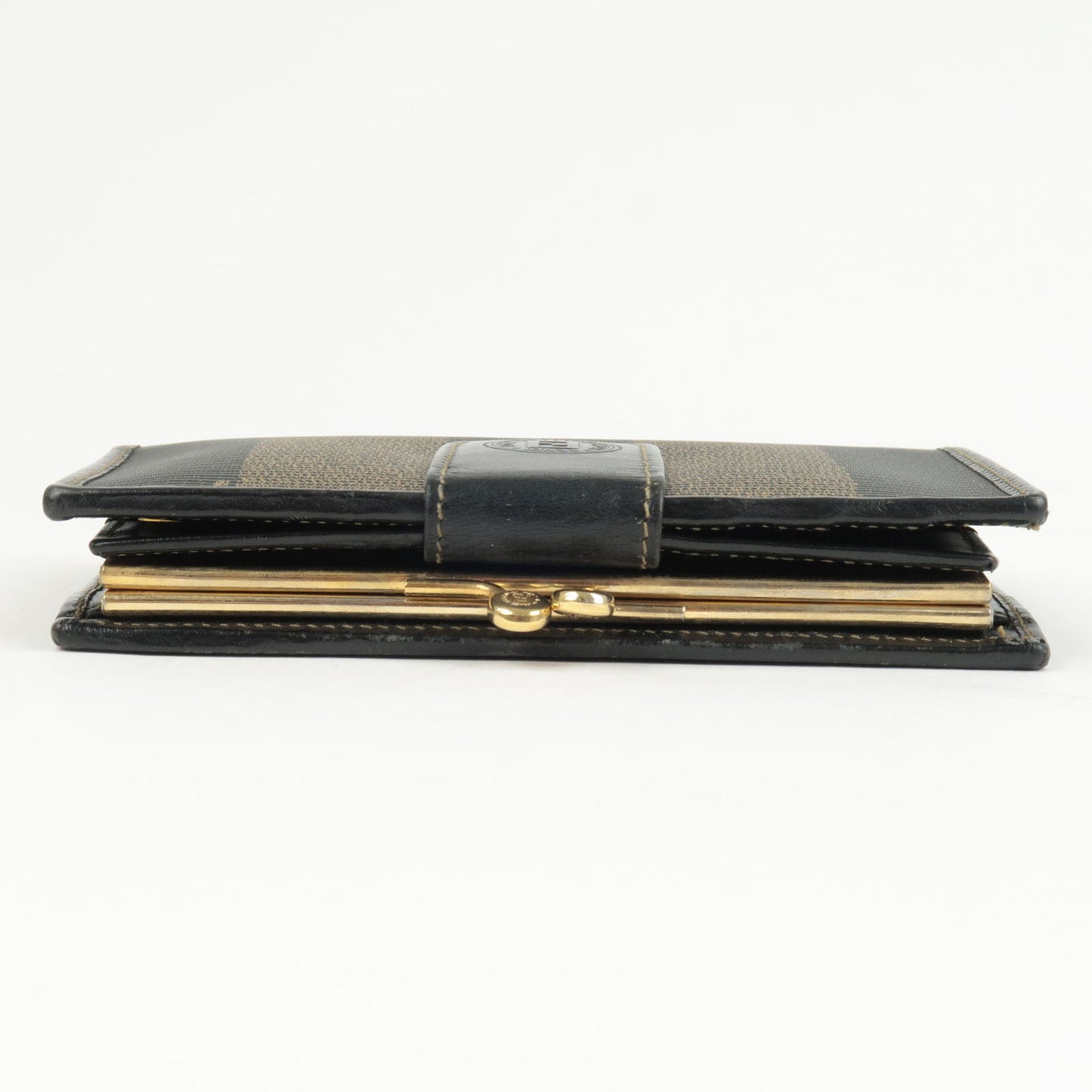 FENDI Pequin PVC Leather Kiss Lock Wallet Khaki Black 01692