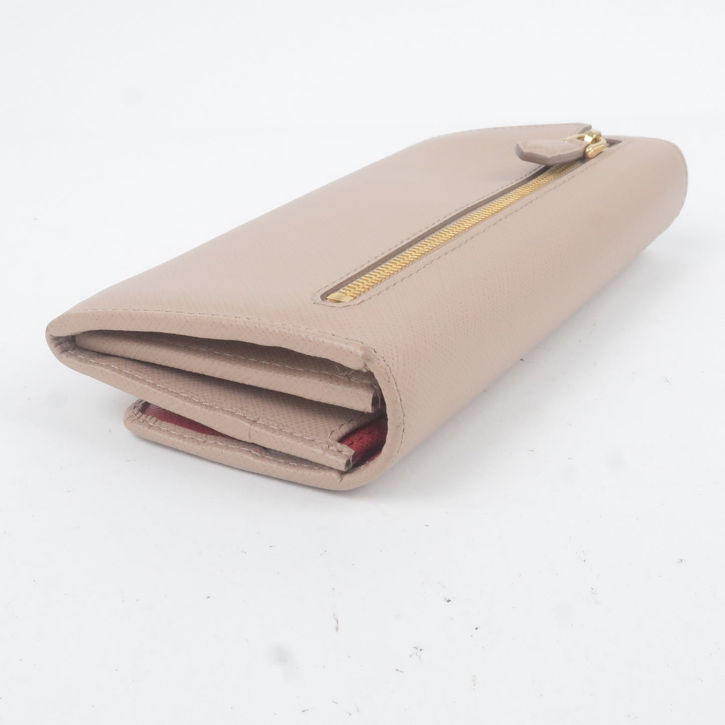 PRADA Leather Bi Fold Long Wallet Beige Red 1MH132