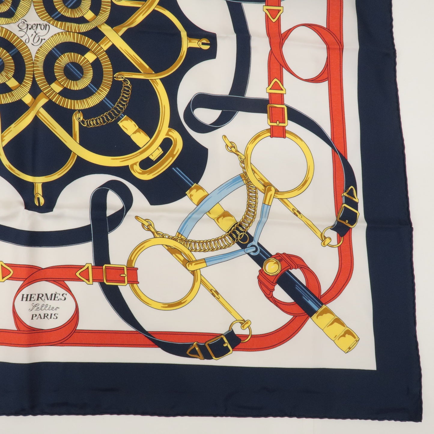 HERMES Carre 90 100% Silk Scarf Eperon d'or Tellier Navy White