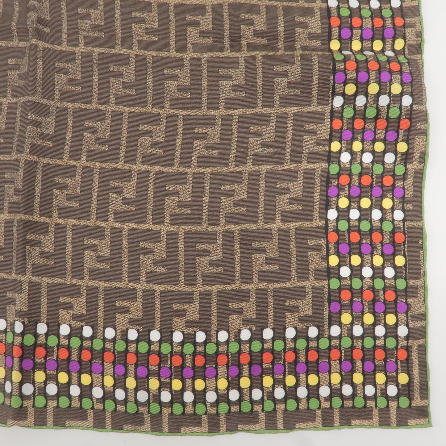 FENDI Zucca Print 100% Silk Scarf Colorful Dots Brown Green