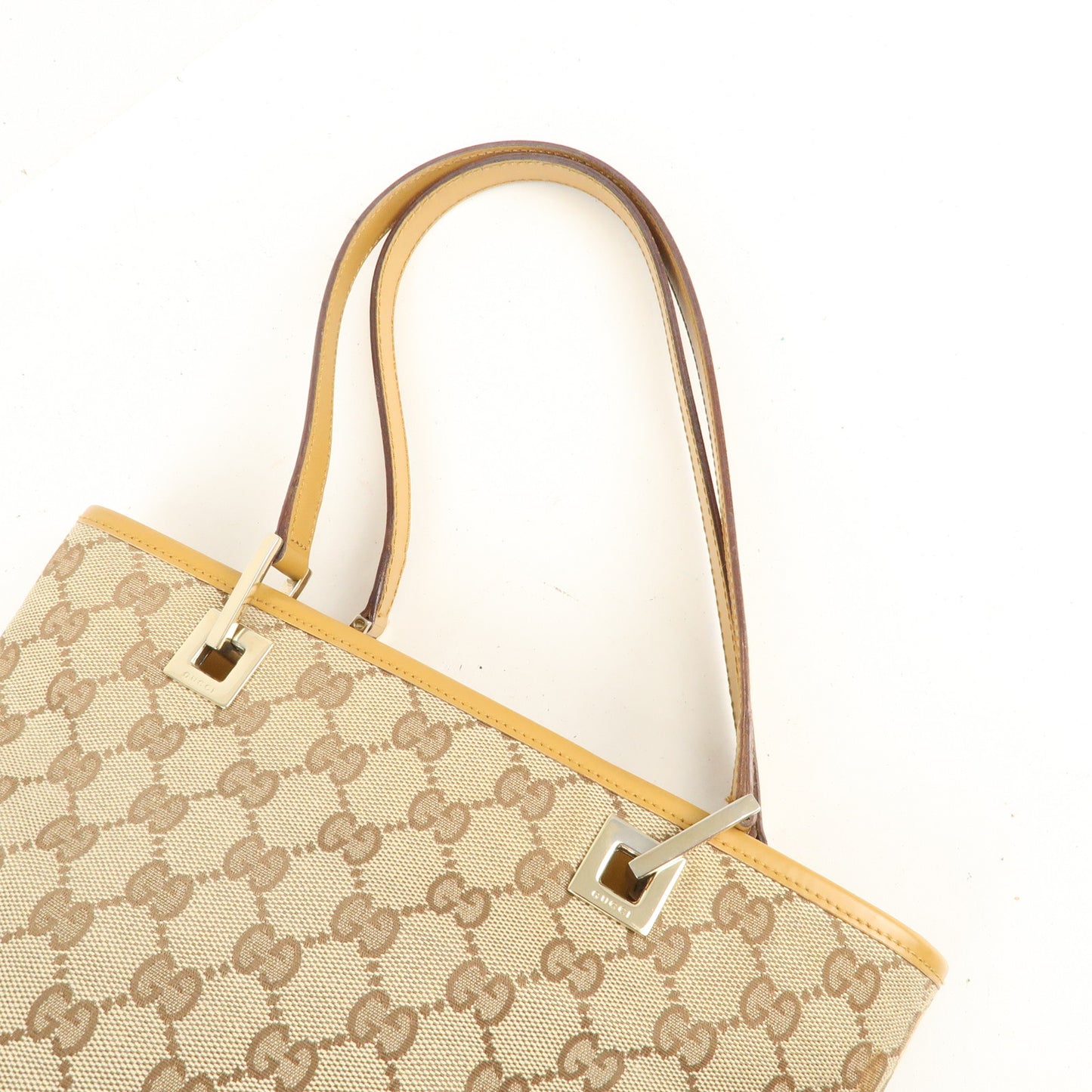 GUCCI GG Canvas Leather Tote Bag Beige Light Brown 002.1099