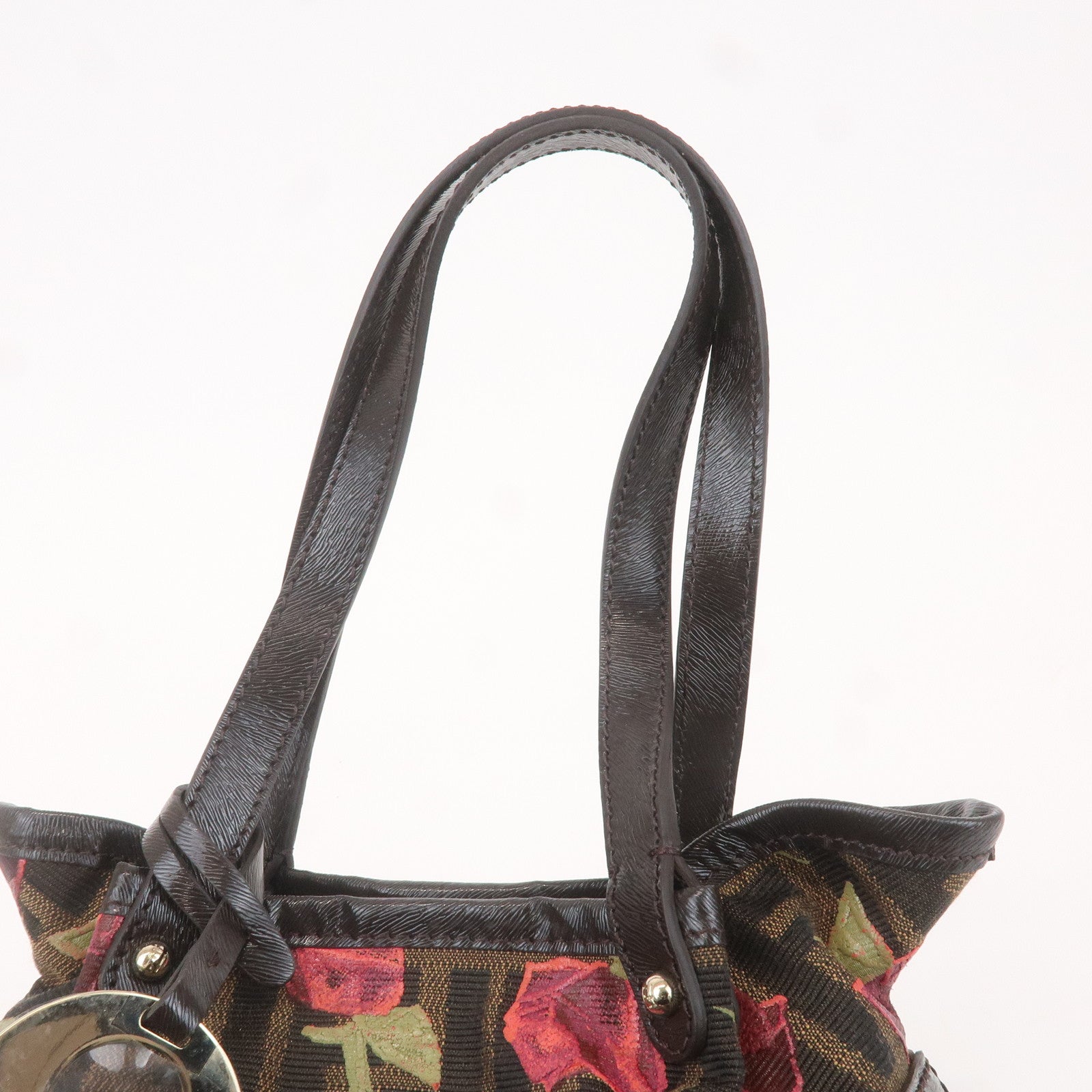 FENDI Zucca Canvas Leather Rose Print Hand Bag Brown Black 8BH212