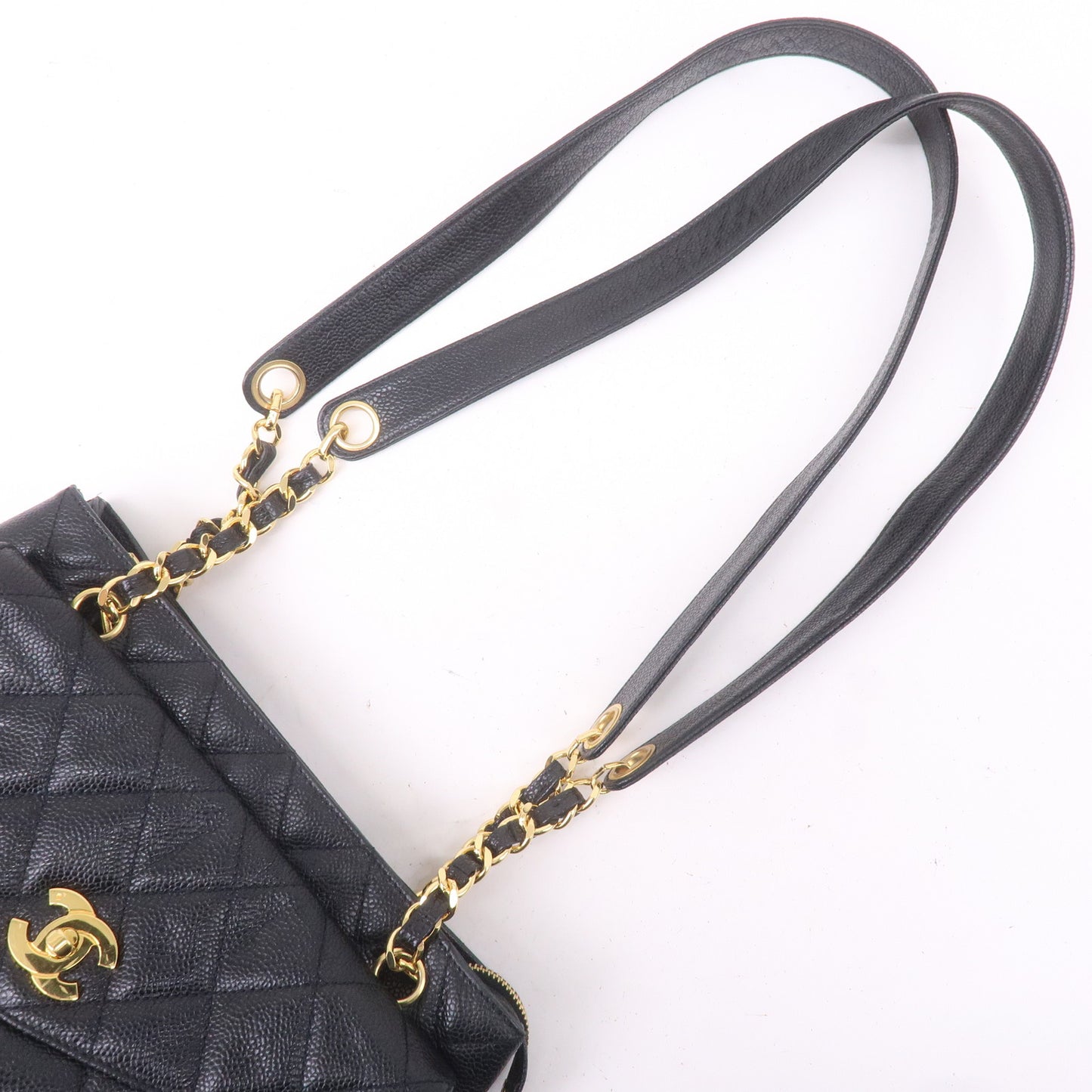 CHANEL Matelasse Caviar Skin Chain Tote Bag Black Gold HDW A06323