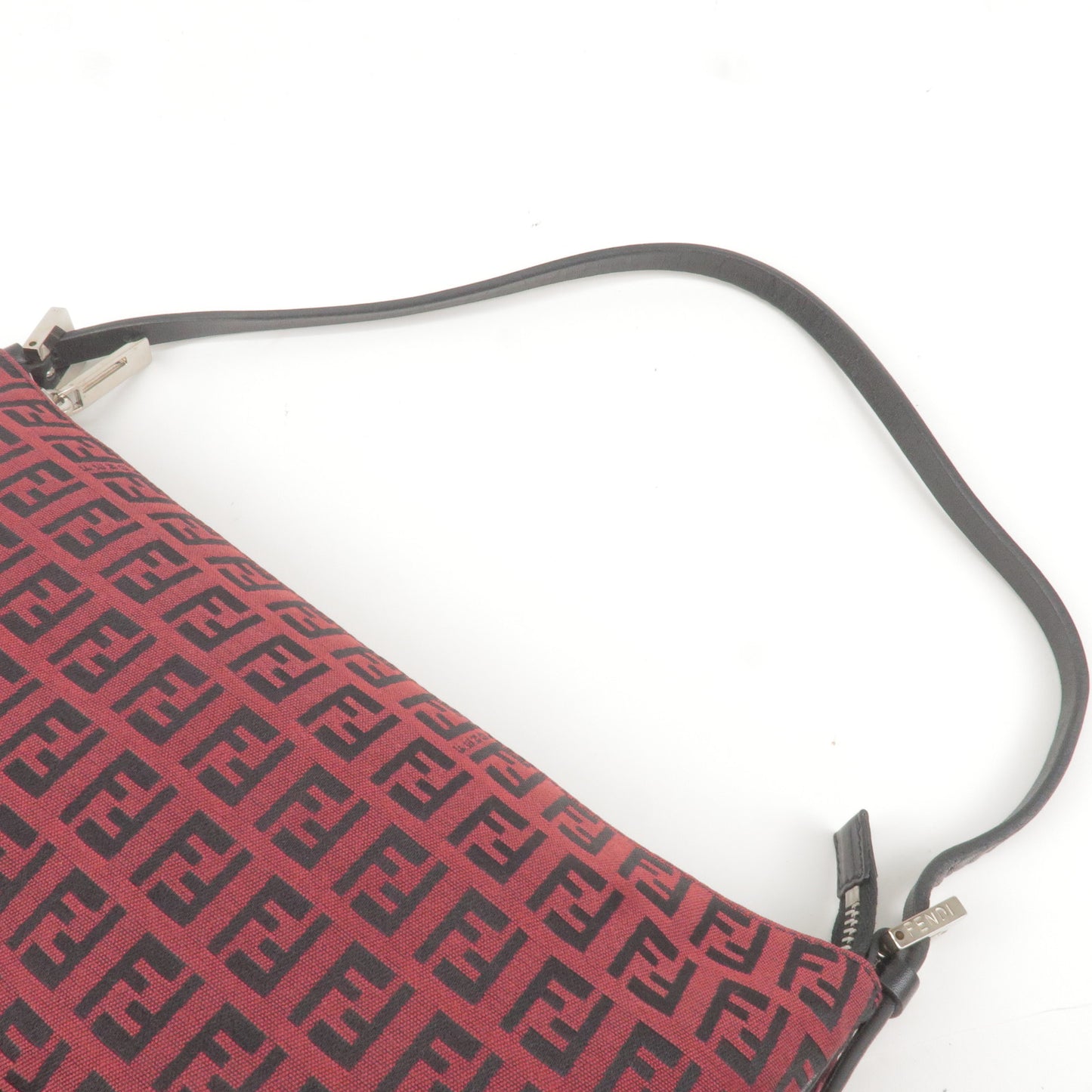 FENDI Zucchino Canvas Leather Shoulder Bag Red Black 8BR144