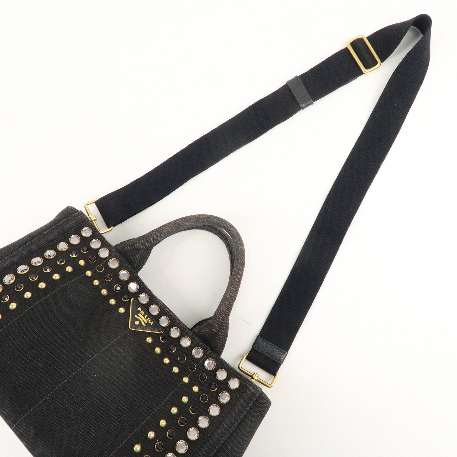 PRADA Logo Mini Canapa Canvas Studs 2Way Hand Shoulder Bag Black