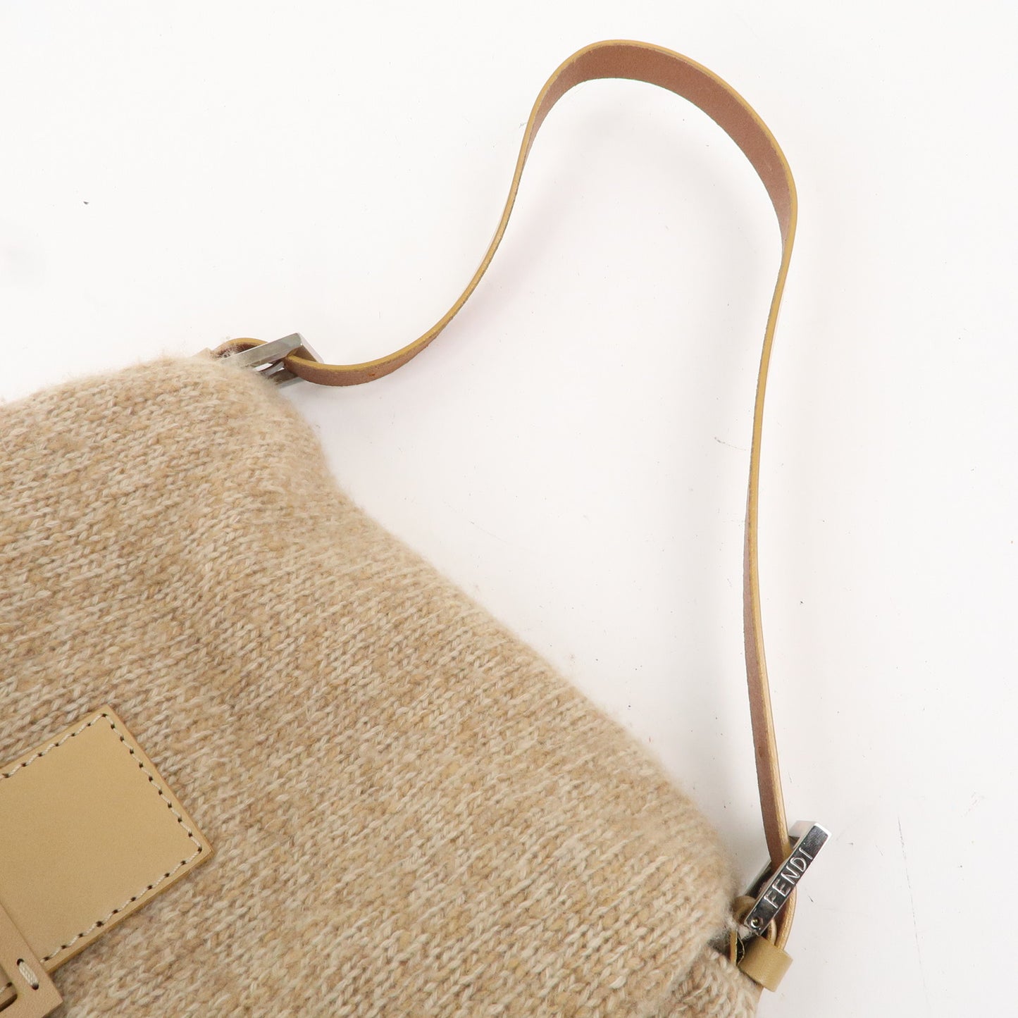 FENDI Mamma Baguette Wool Knit Leather Shoulder Bag Beige 26325