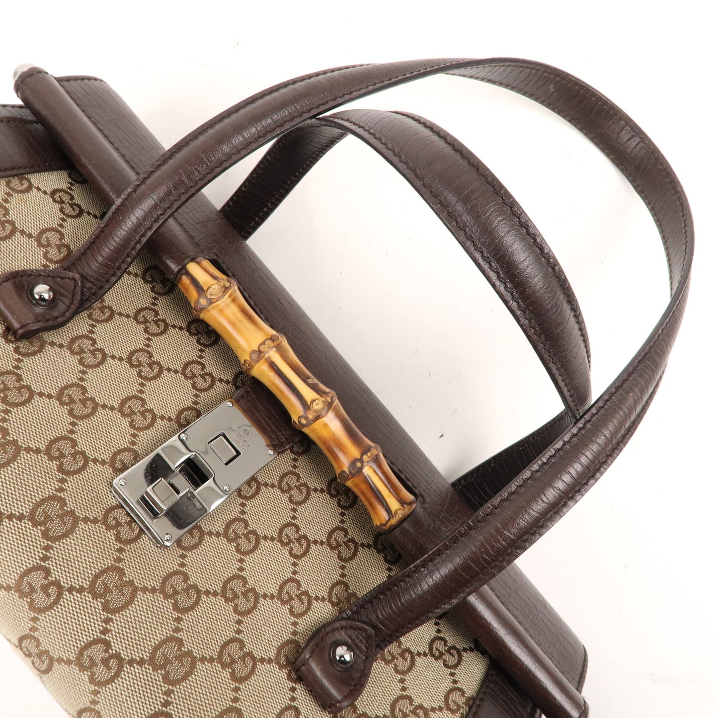 GUCCI Bamboo GG Canvas Leather Hand Bag Beige Brown 111713