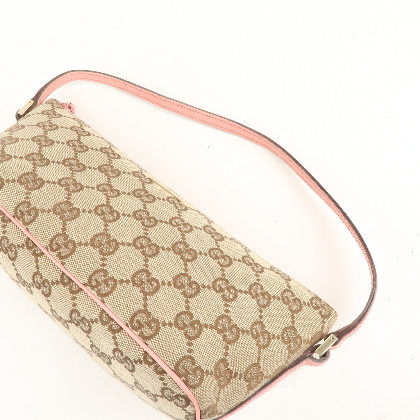 GUCCI Boat Bag GG Canvas Leather Hand Bag Pouch Beige Pink 07198