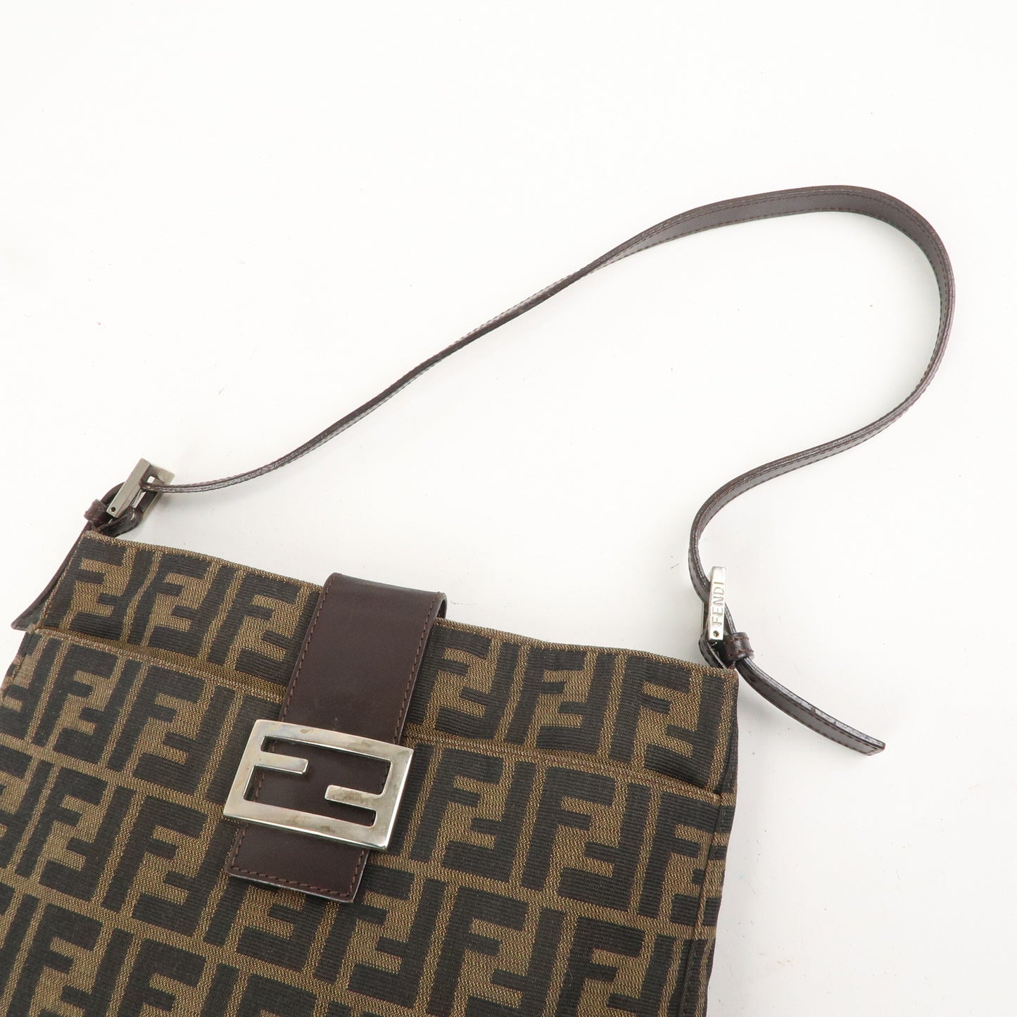 FENDI Zucca Canvas Leather Shoulder Bag Brown Black 26727