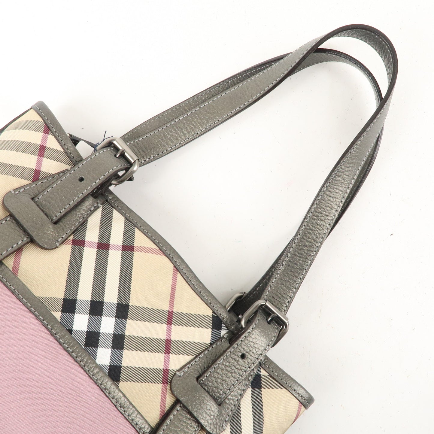 BURBERRY Canvas Leather Nova Plaid Tote Bag Pink Beige