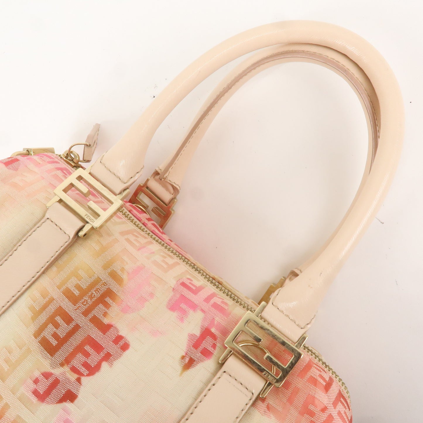 FENDI Zucchino Canvas Mini Boston Bag Ivory Beige Pink 8BL068