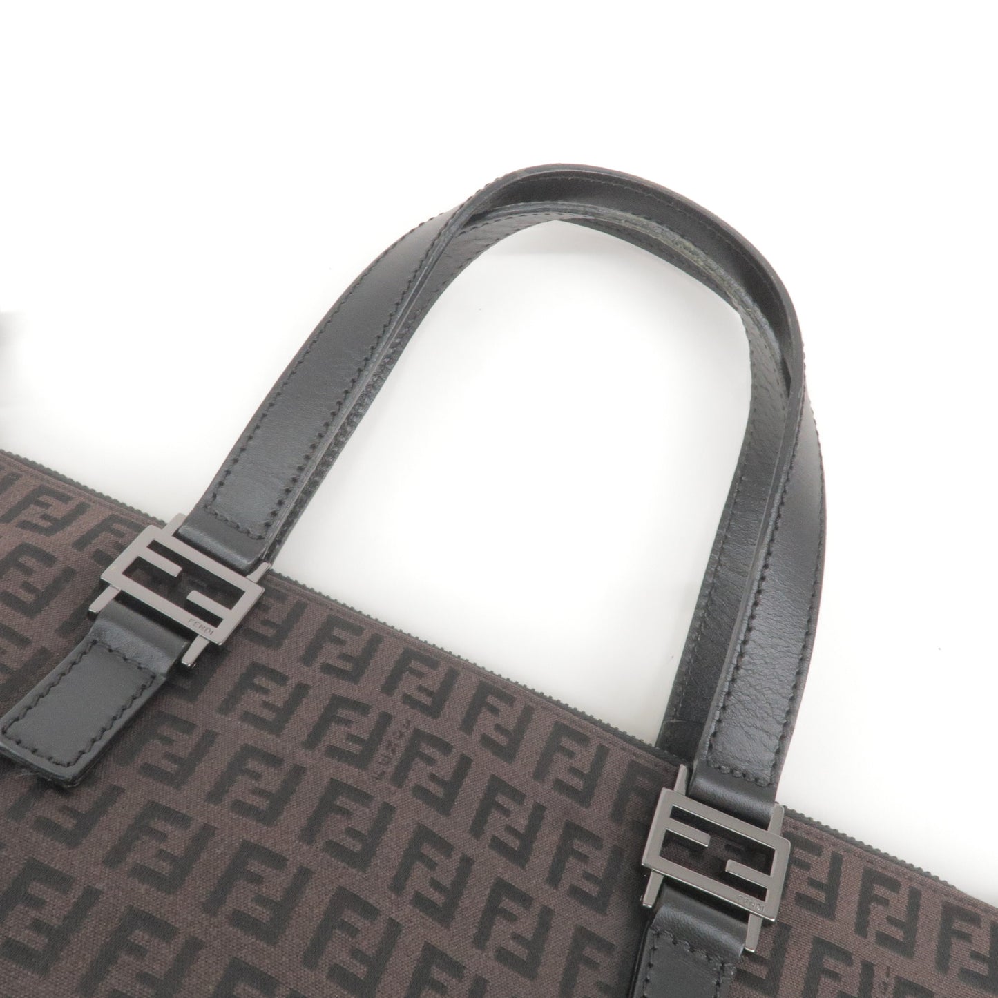 FENDI Zucchino Canvas Leather Tote Bag Hand Bag Black Brown 8BH138