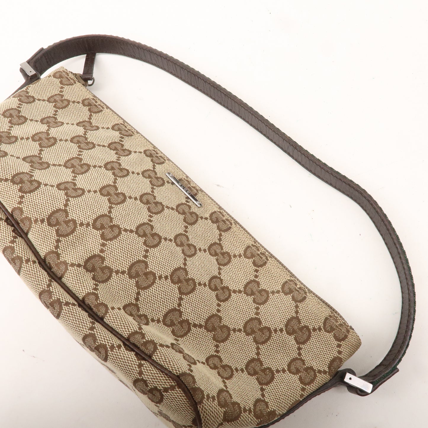 GUCCI Boat Bag Sherry GG Canvas Leather Pouch Beige Brown 141809