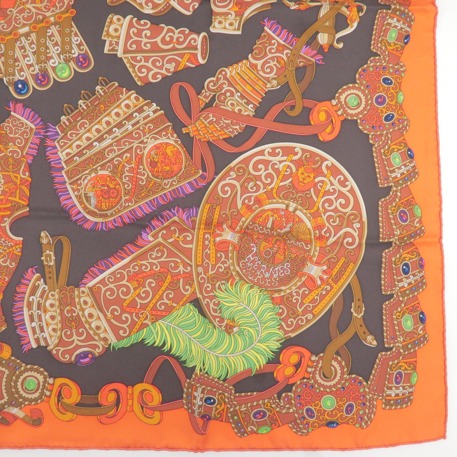 HERMES Carre 90 100% Silk  Scarf War God Mars Black Orange