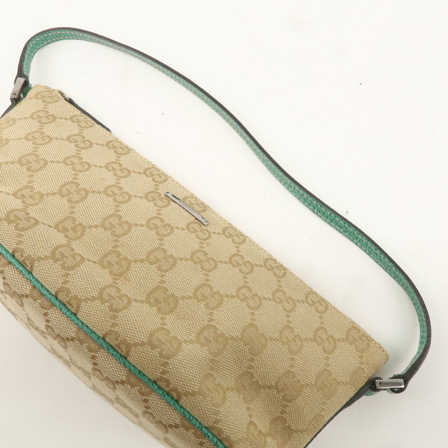 GUCCI Boat Bag GG Canvas Leather Hand Bag Pouch Beige Green 7198