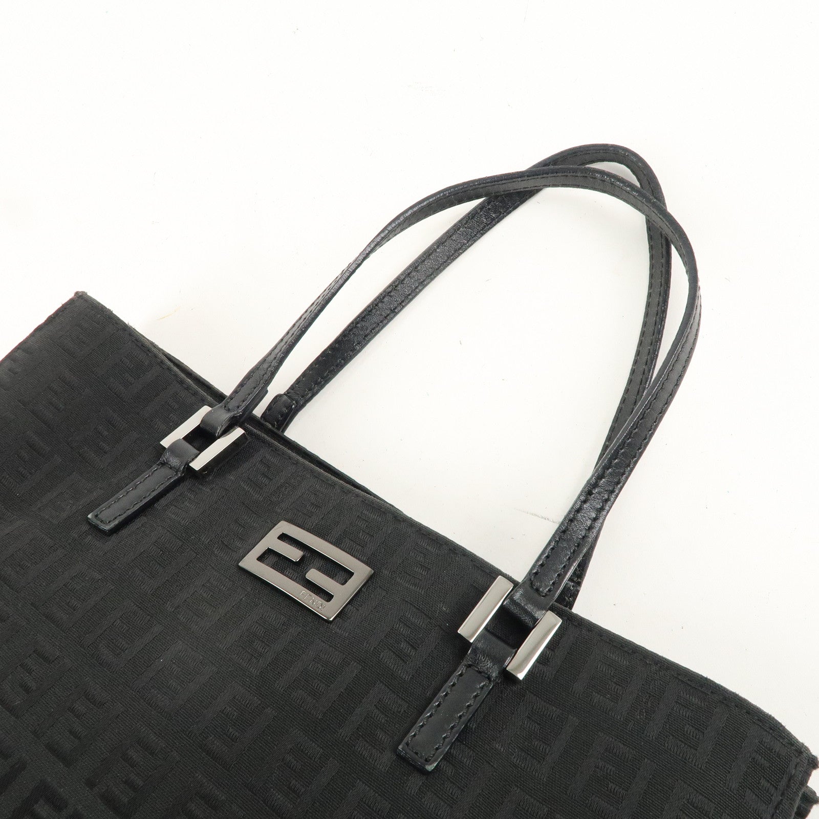 FENDI Zucchino Canvas Leather Hand Bag Tote Bag Black 8BH132