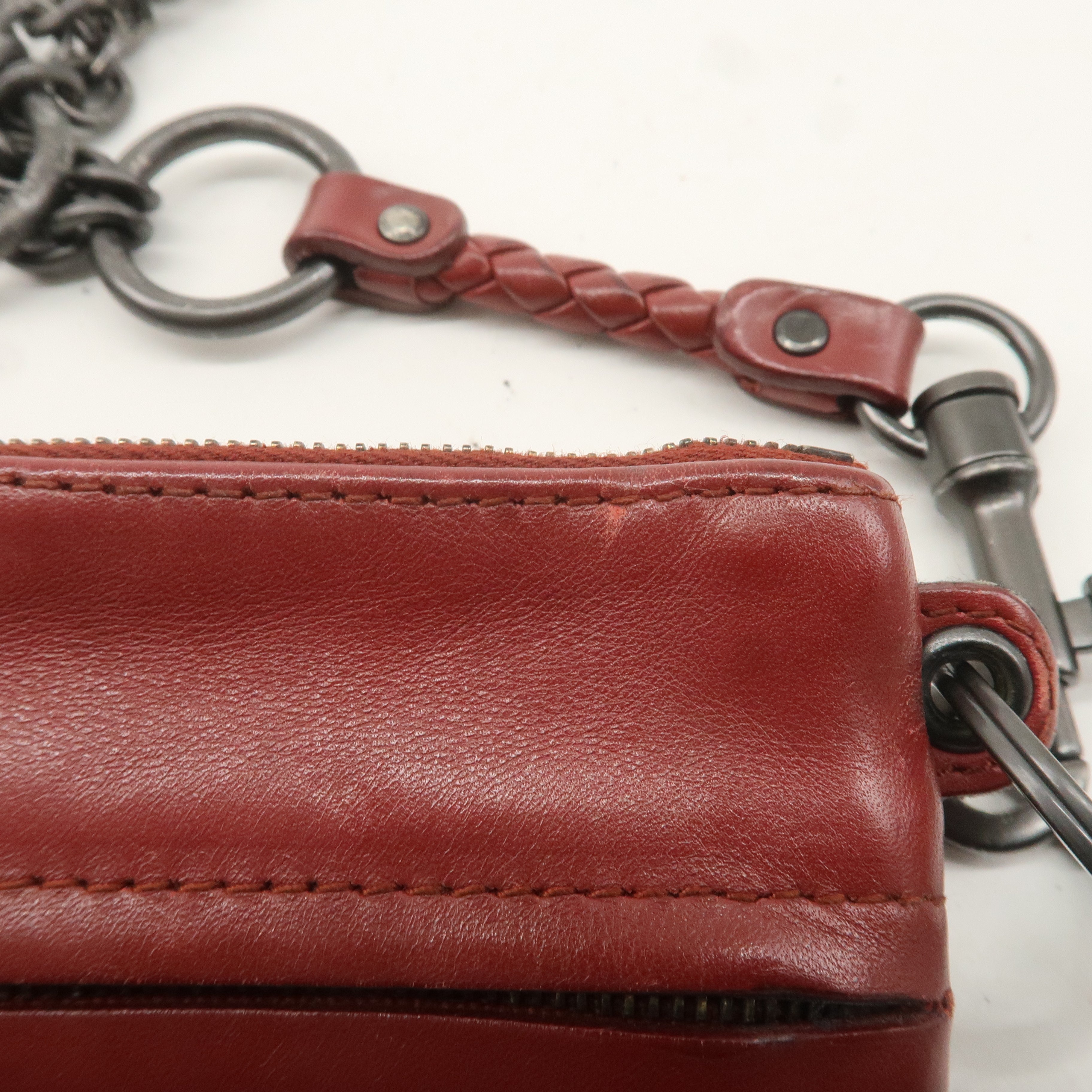 BOTTEGA VENETA Intrecciato Leather Chain Coin Case Pouch Red