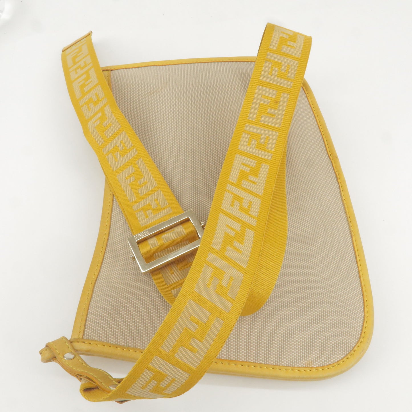 FENDI Logo Canvas Leather Shoulder Bag Beige Yellow 8BT084