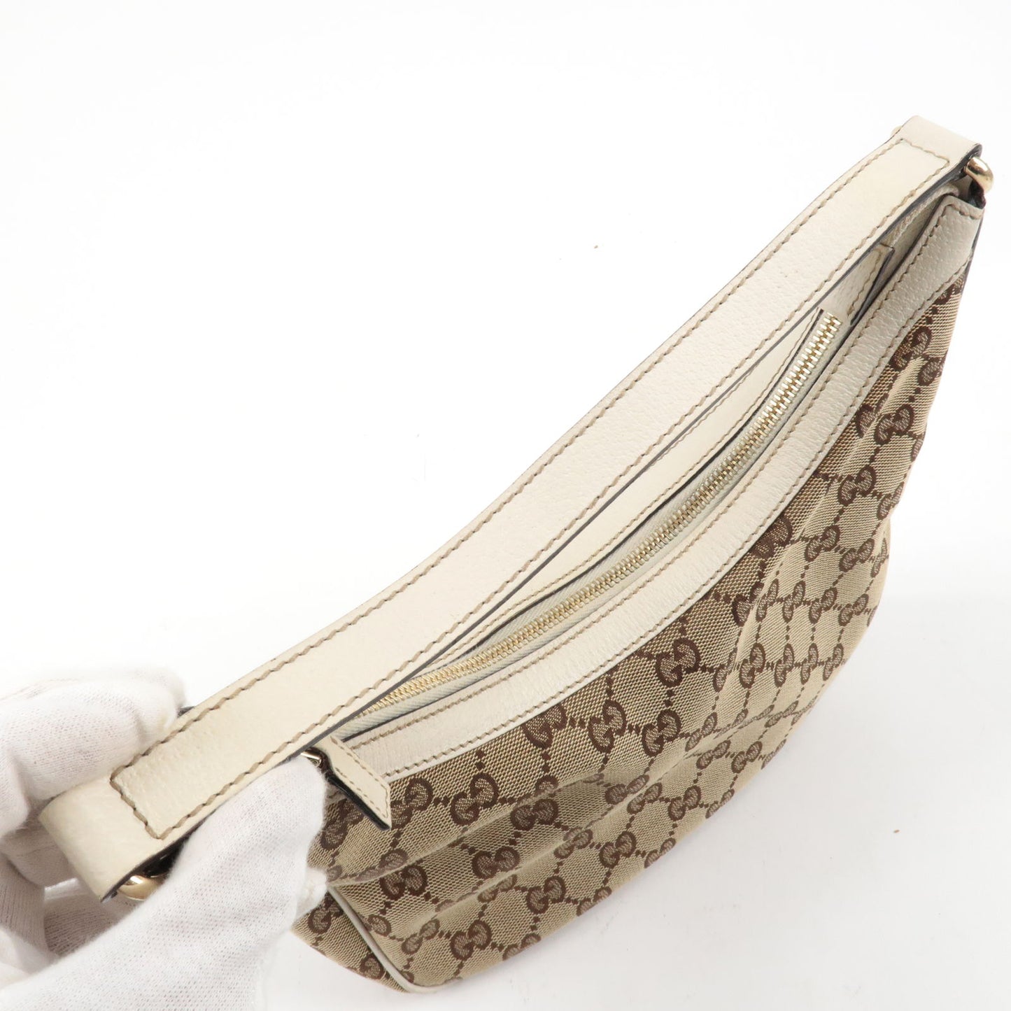 GUCCI GG Canvas Leather Shoulder Bag Beige Ivory 154395