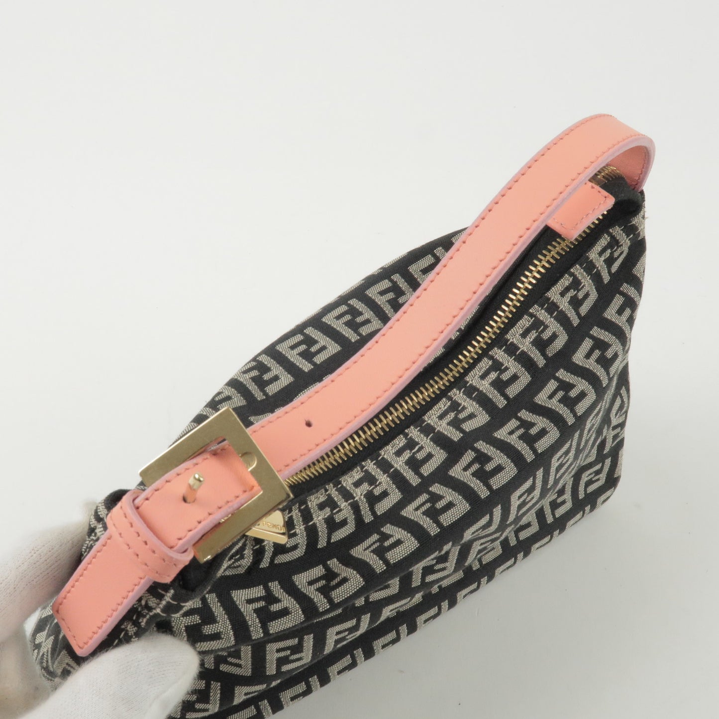FENDI Zucchino Canvas Leather Hand Bag Black Gray Pink 8N0005