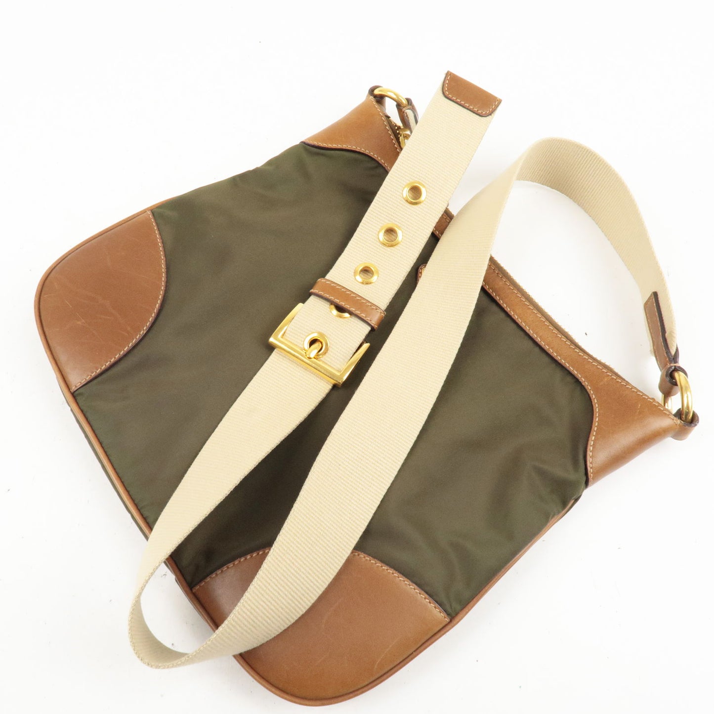 PRADA Nylon Leather Shoulder Bag Khaki Brown