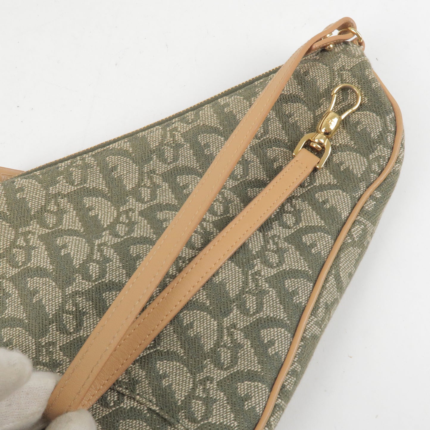 Christian Dior Trotter Canvas Leather Saddle Bag Pouch Green Beige