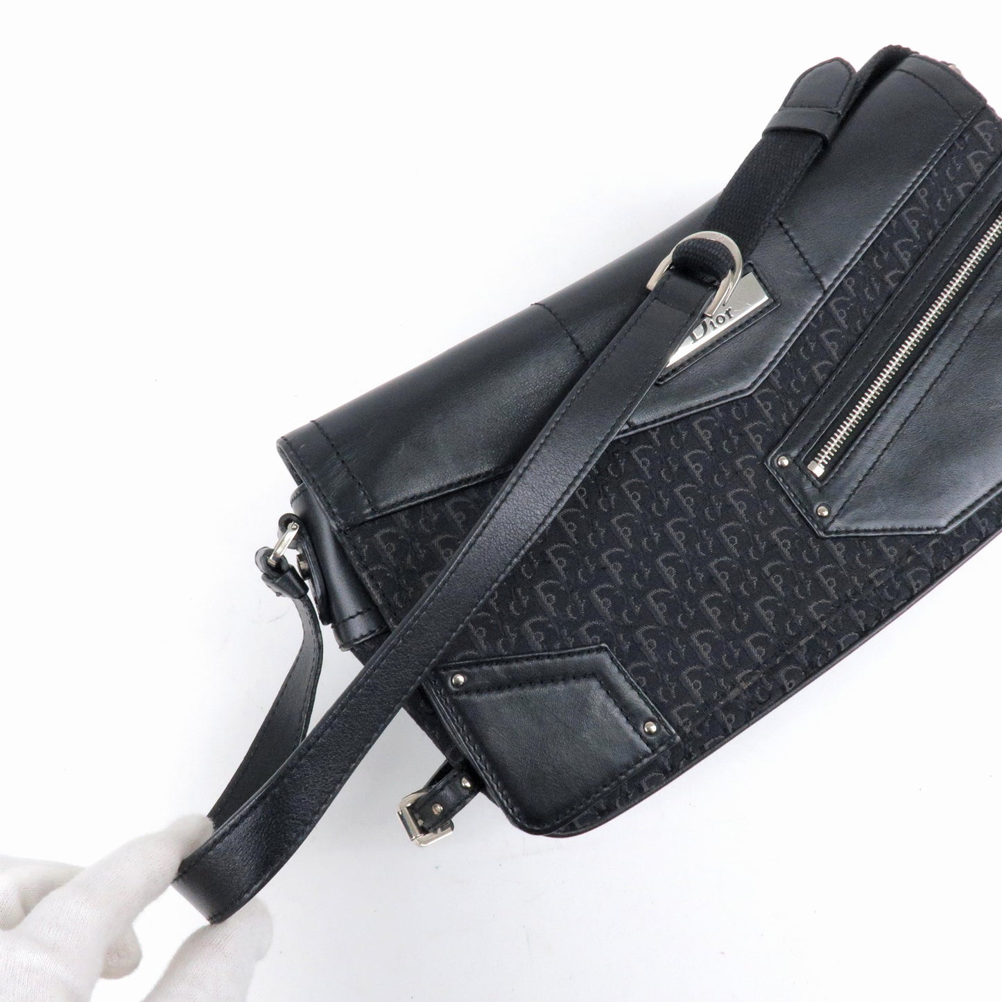 Christian Dior Trotter Canvas Leather Shoulder Bag Black