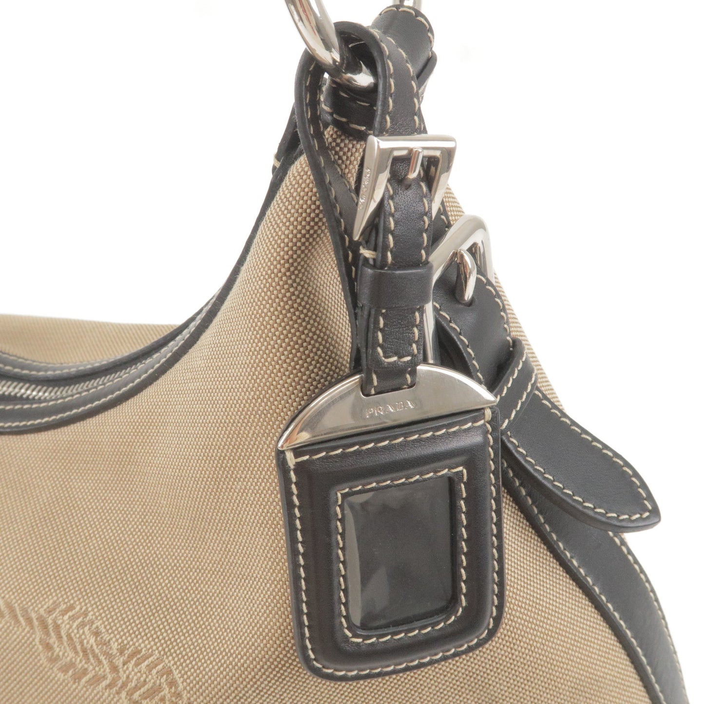 PRADA Logo Jacquard Leather Shoulder Bag Beige Black BR3430