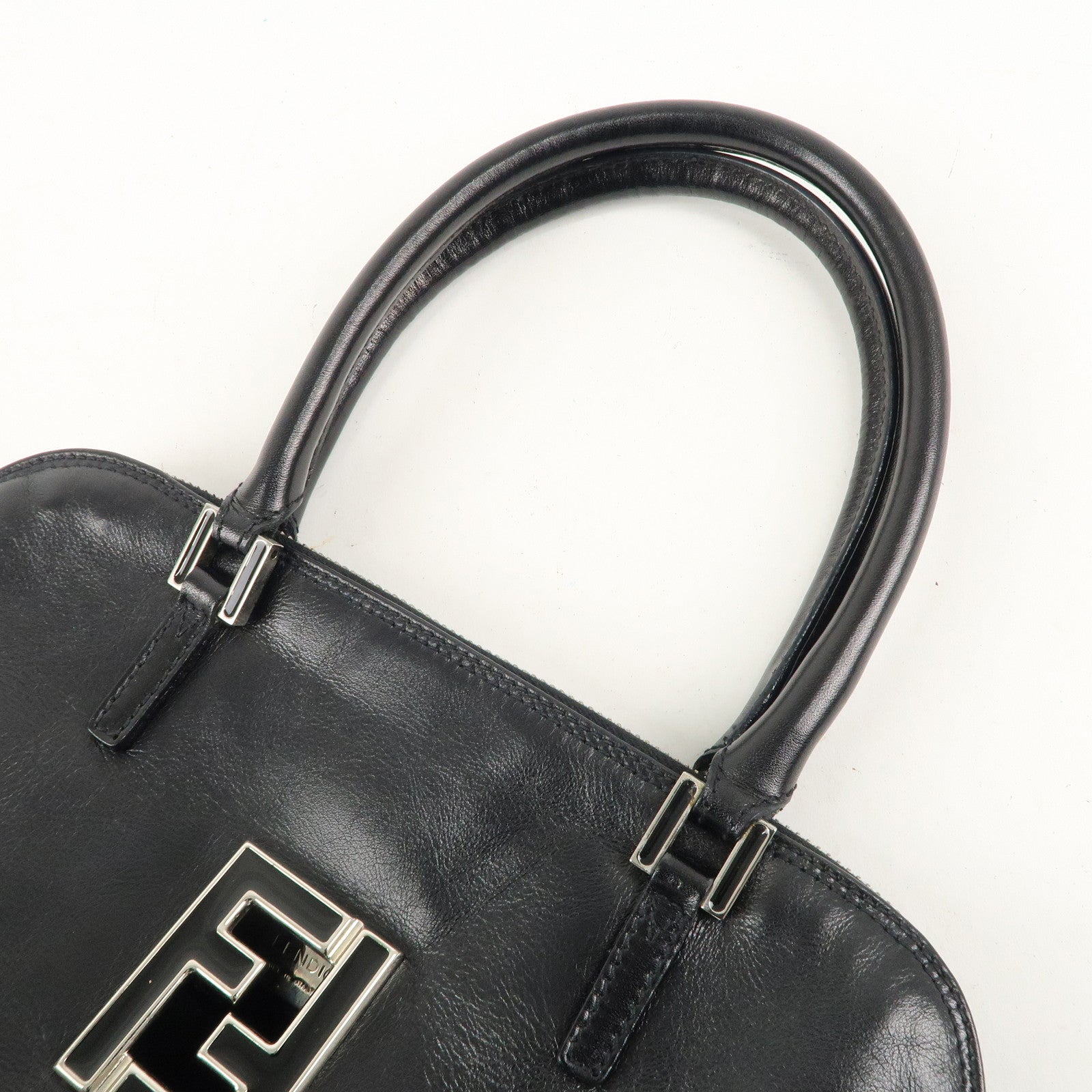 FENDI FF Logo Leather Hand Bag Silver HDW Black 15563