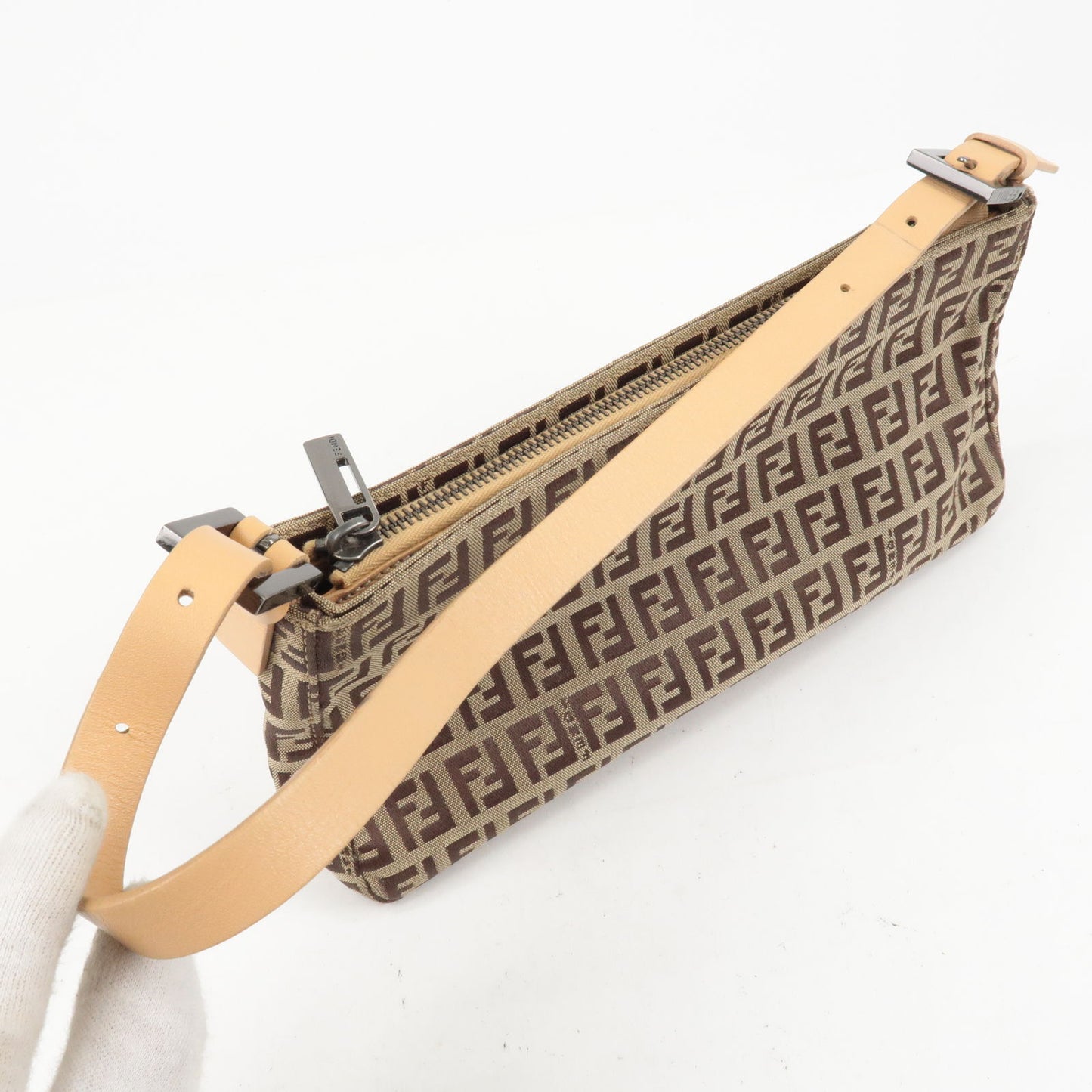 FENDI Zucchino Canvas Leather Shoulder Bag Beige Brown 8BR042