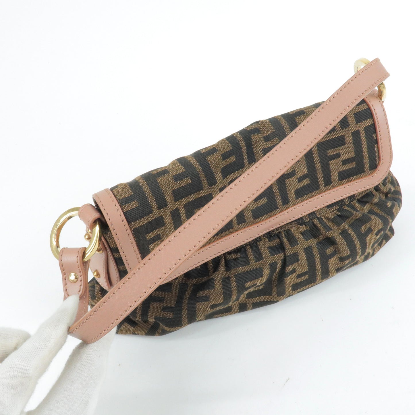 FENDI Zucca Print Canvas Leather Shoulder Bag Brown Pink 8BR353
