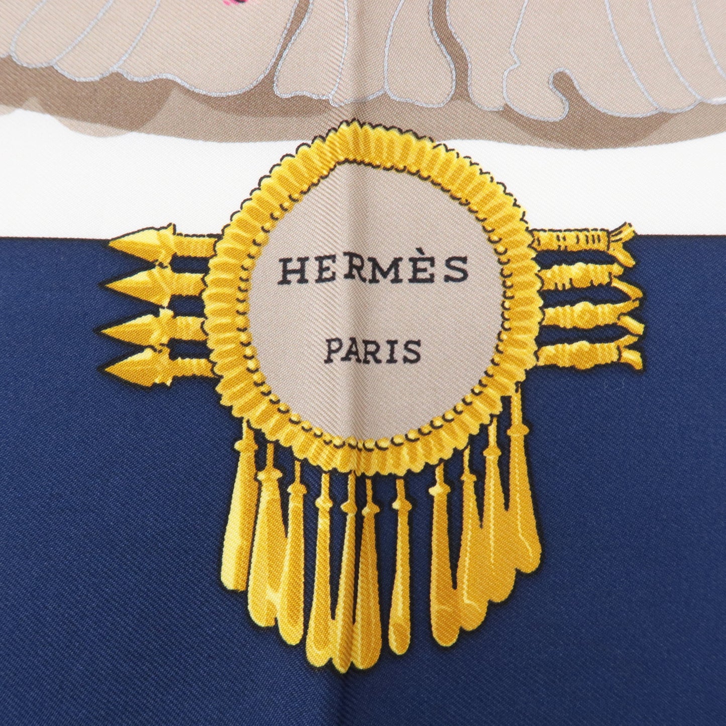 HERMES Carre 90 100% Silk Scarf Feather Jewelry Print Navy