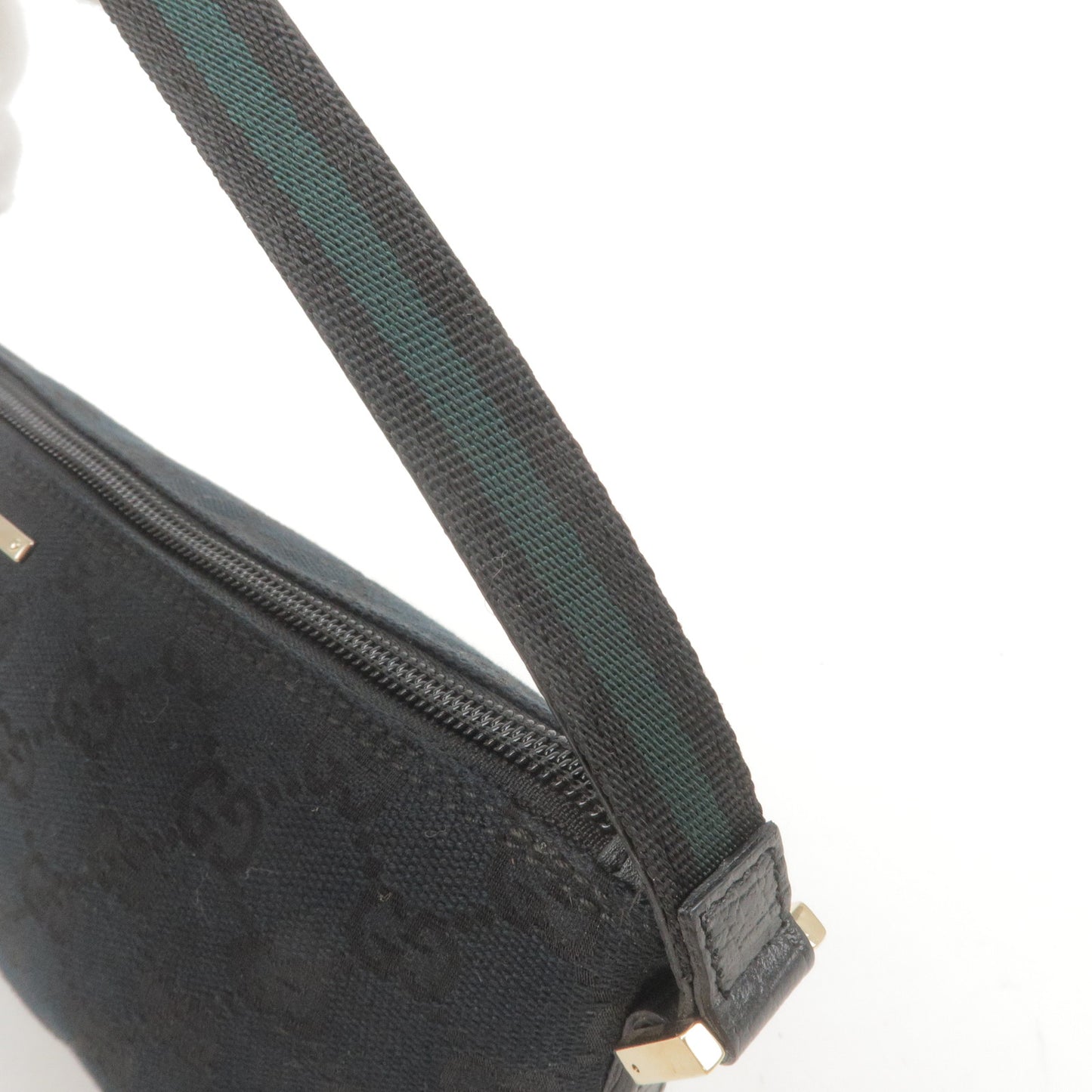 GUCCI GG Canvas Leather Boat Bag Hand Bag Black Green 141809