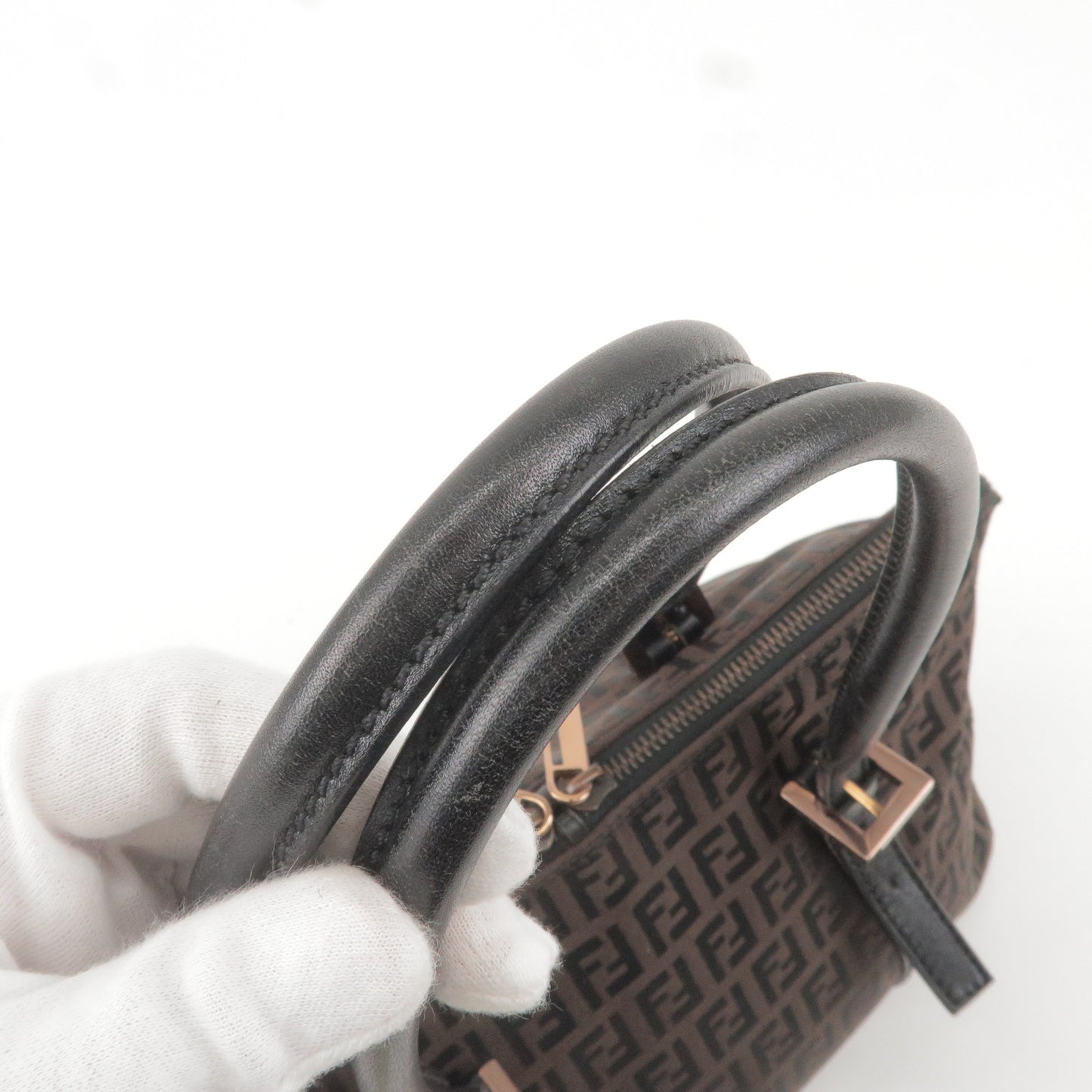 FENDI Zucchino Canvas Leather Shoulder Bag Brown Black 8BN002