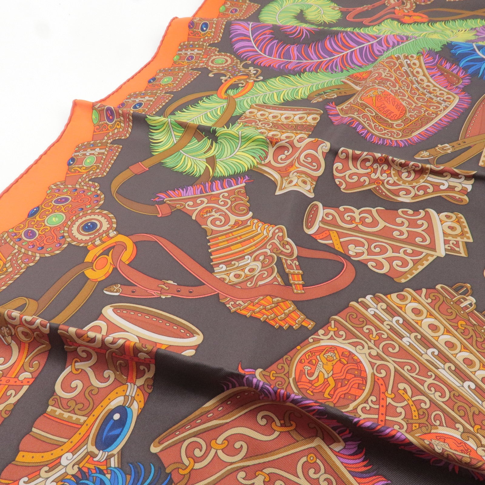 HERMES Carre 90 100% Silk  Scarf War God Mars Black Orange