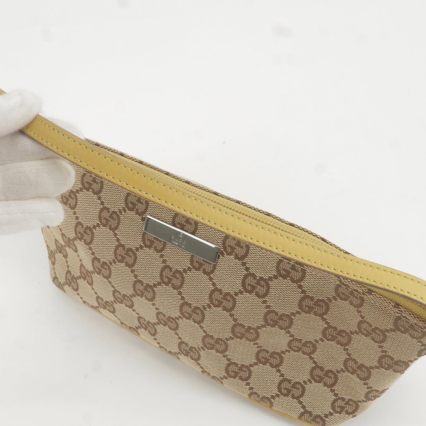 GUCCI GG Canvas Leather Pouch Boat Bag Brown Yellow 07198