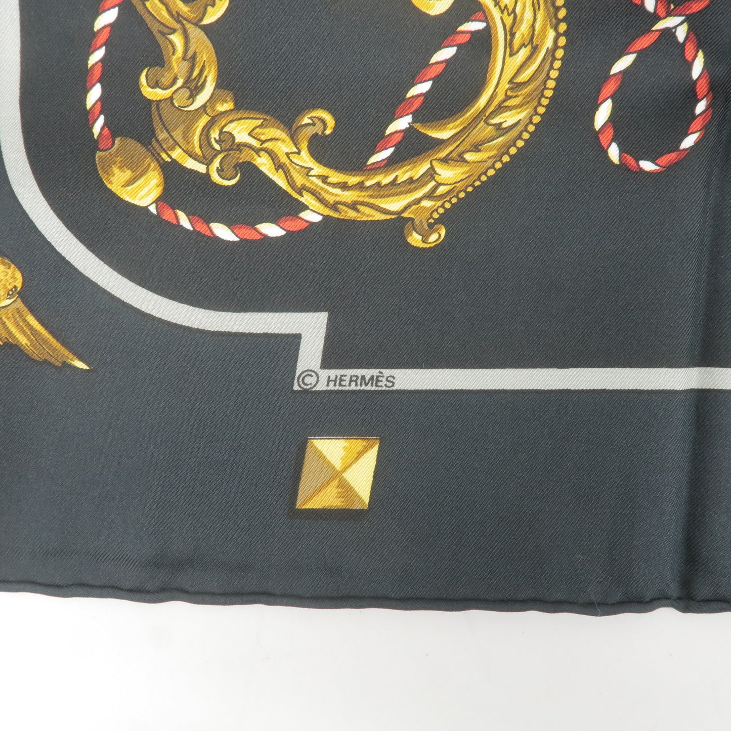 HERMES Carre 90 Key Print Silk 100% Scarf Black Gold