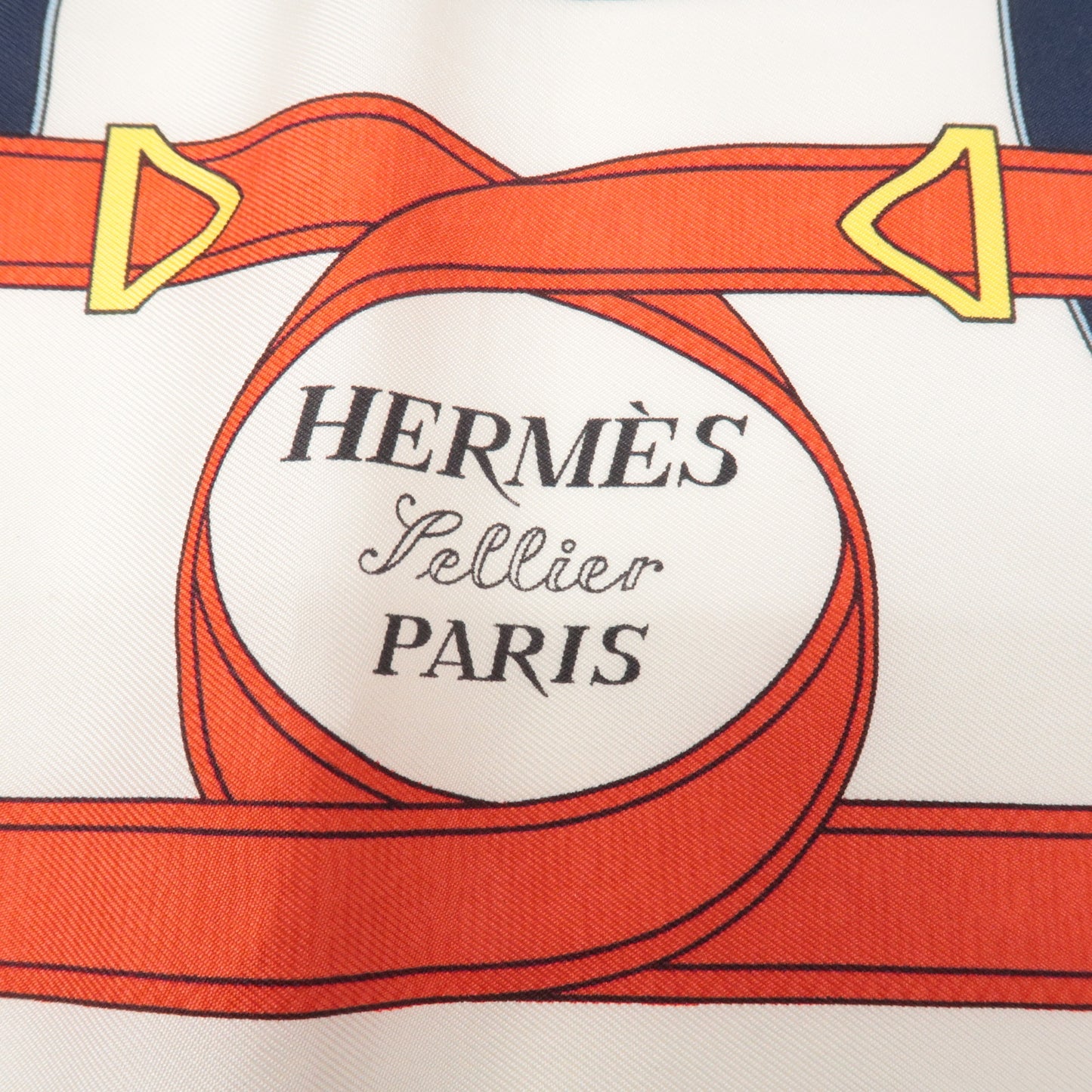 HERMES Carre 90 100% Silk Scarf Eperon d'or Tellier Navy White