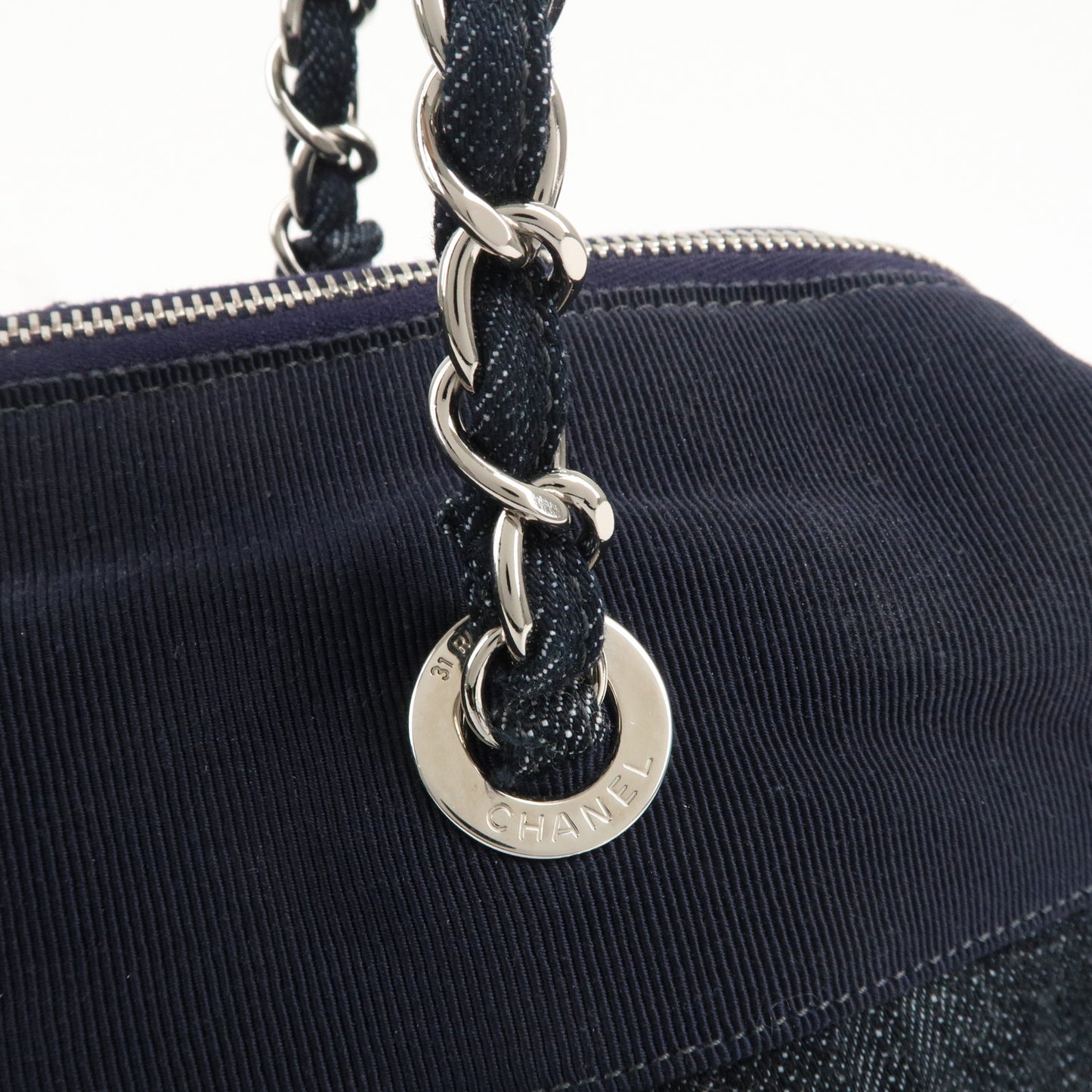 CHANEL Coco Mark Denim Chain Tote Bag Hand Bag Navy A48735