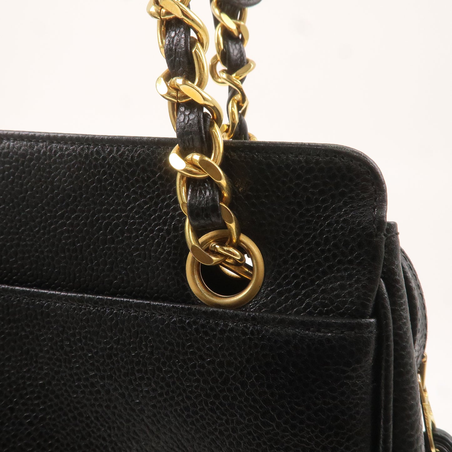 CHANEL Caviar Skin Triple Coco Chain Tote Bag Black Gold