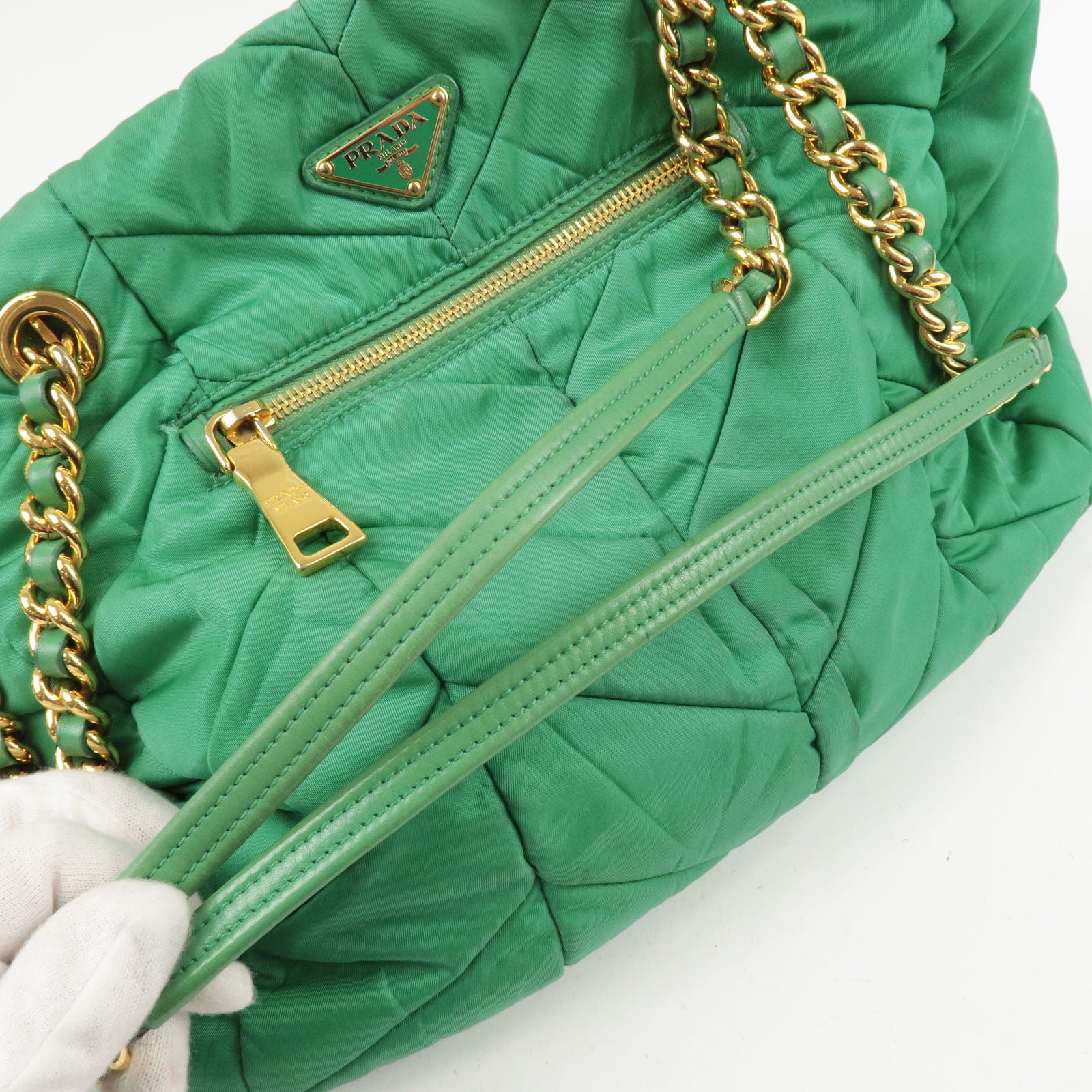 Prada green nylon leather shoulder tote store