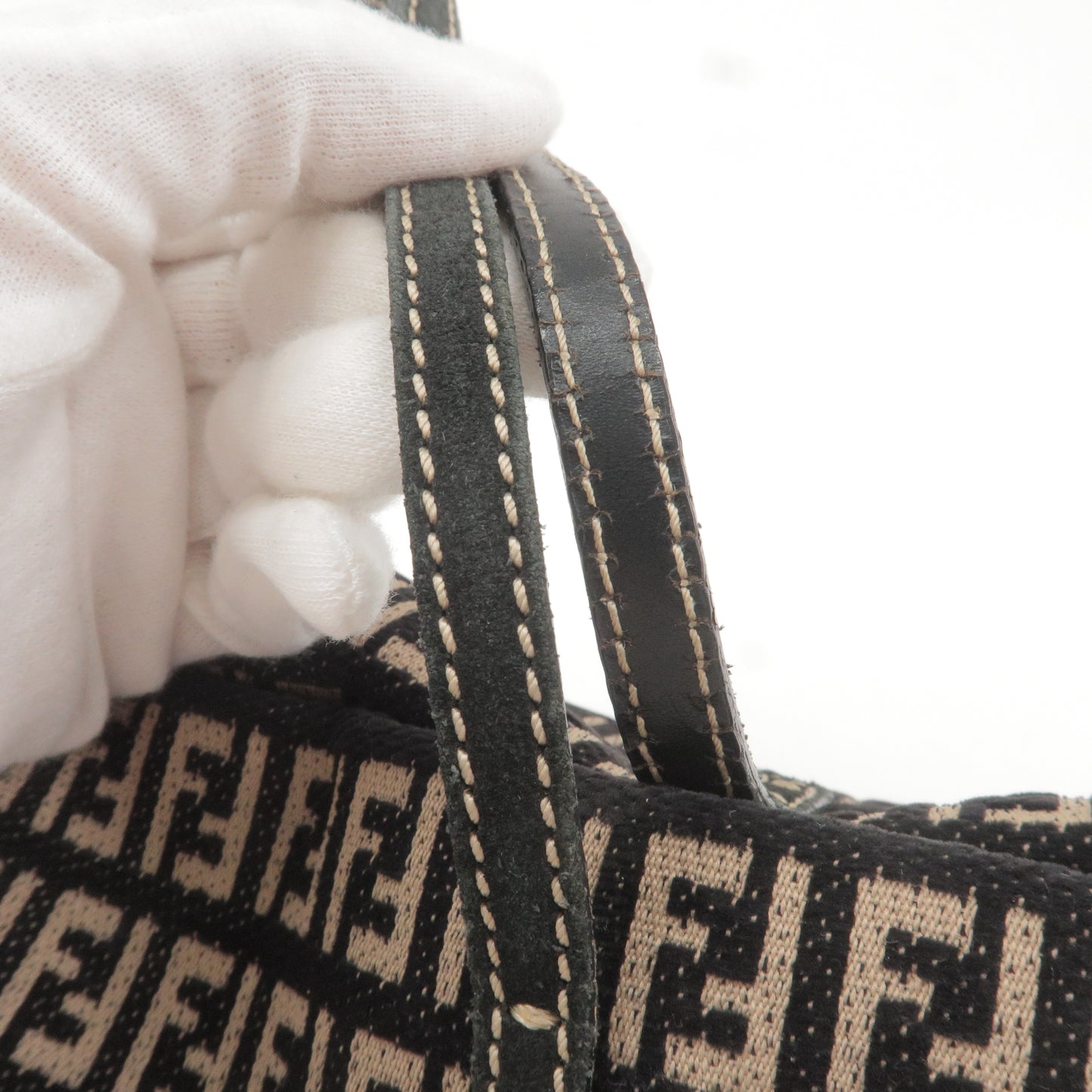 FENDI Zucchino Canvas Velvet Leather Hand Bag Beige Black 8BH056