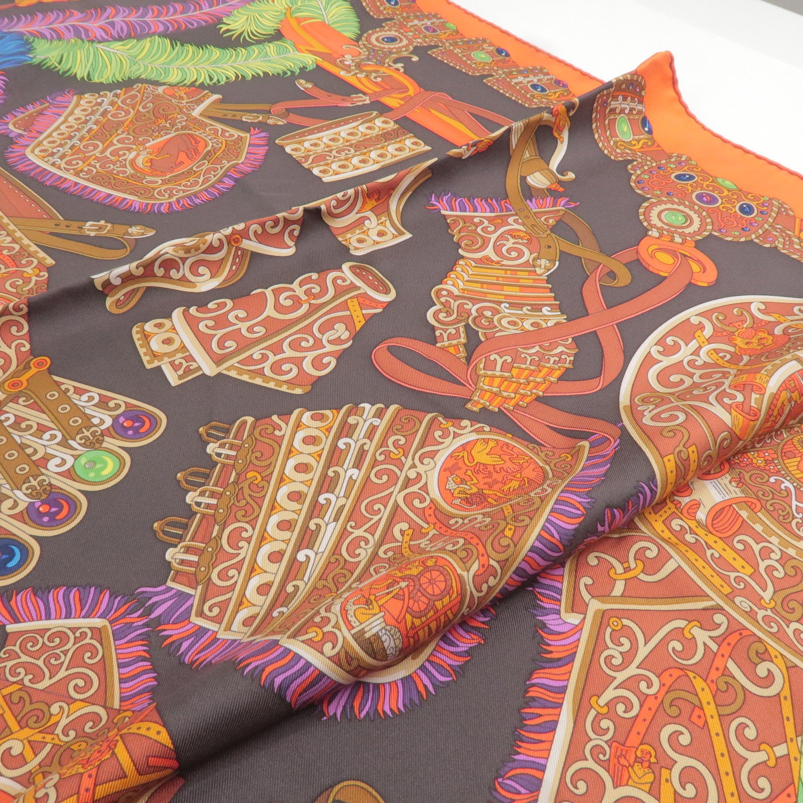 HERMES Carre 90 100% Silk  Scarf War God Mars Black Orange