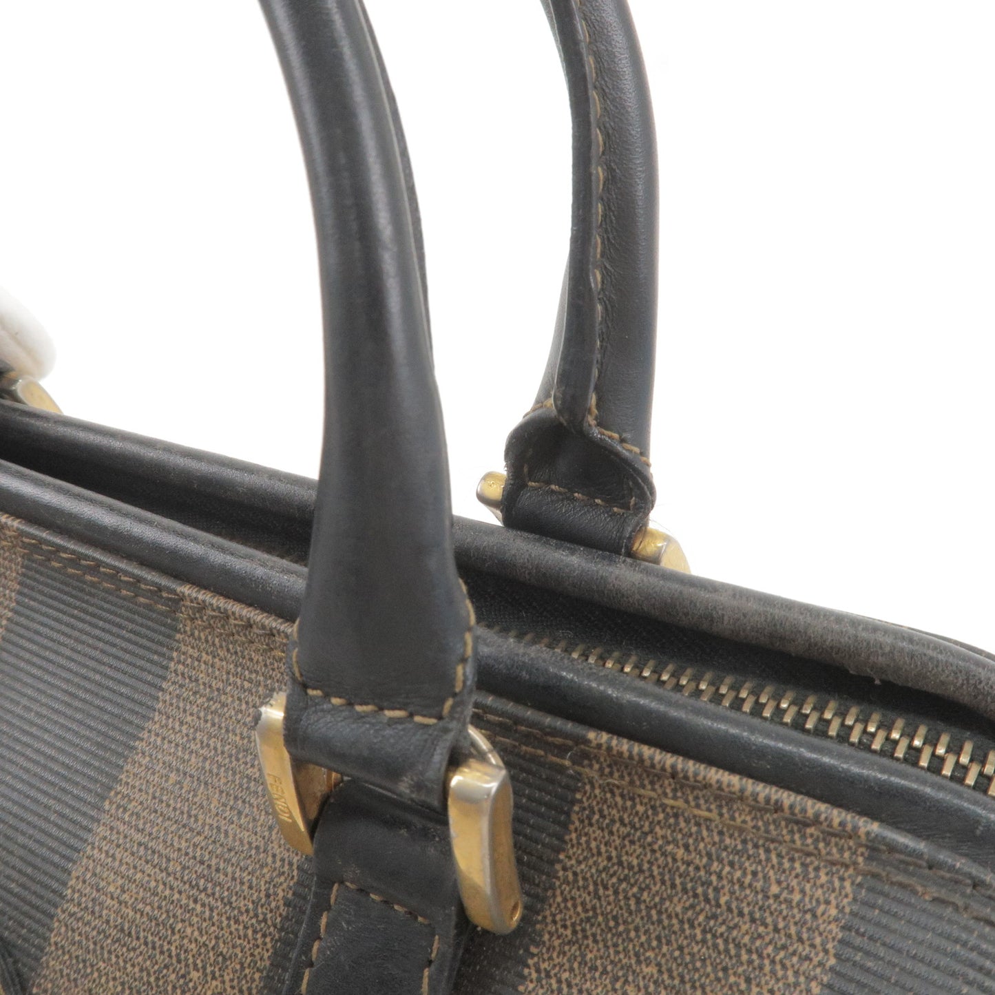FENDI Pequin PVC Leather Boston Bag Hand Bag Khaki Black 259023